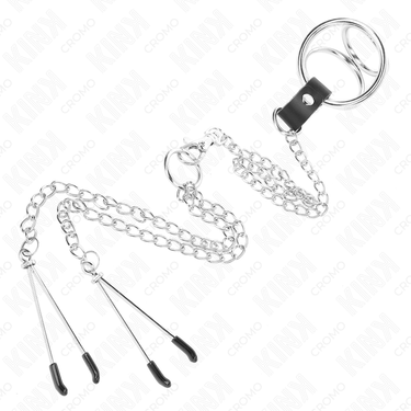 Anello pene in metallo cromato triplo con catena e clip capezzoli